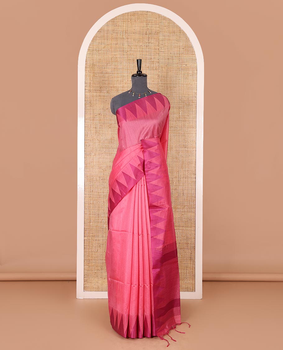 Pink sparsely striped semi-tussar saree, contrast temple red border, striped pallu, and contrast blouse