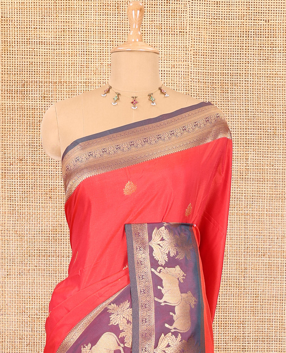 Red zari buttas elite soft silk saree, contrast traditional zari border of Pichwai cow design, scallop pallu, and a contrast zari design blouse