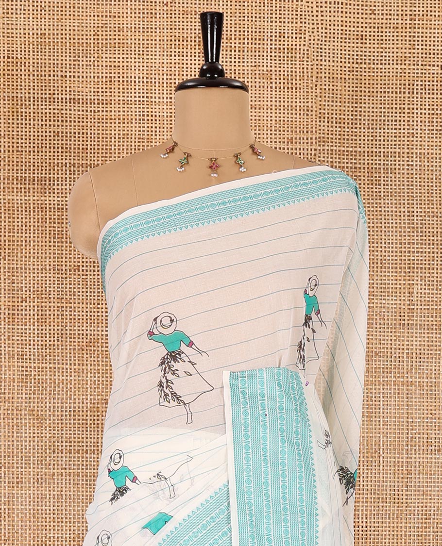 Cream-rama horizontal striped and girl motifs printed Mangalagiri cotton saree, traditional motifs woven border, printed pallu, and a contrast blouse