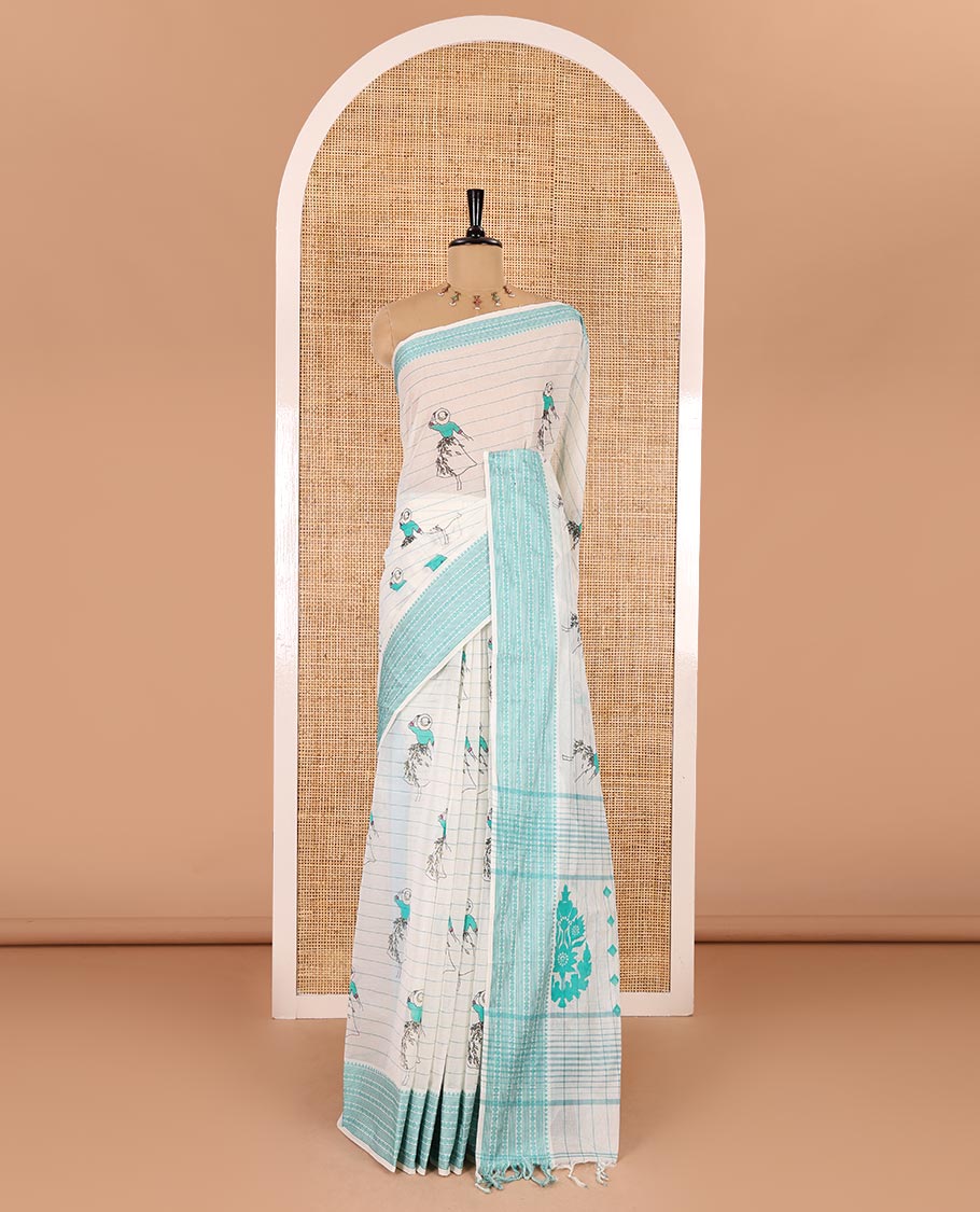 Cream-rama horizontal striped and girl motifs printed Mangalagiri cotton saree, traditional motifs woven border, printed pallu, and a contrast blouse