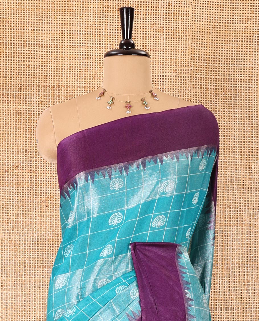 Rama buttas and checked Bhagalpur cotton saree, contrast temple border, striped pallu, and contrast silver zari blouse