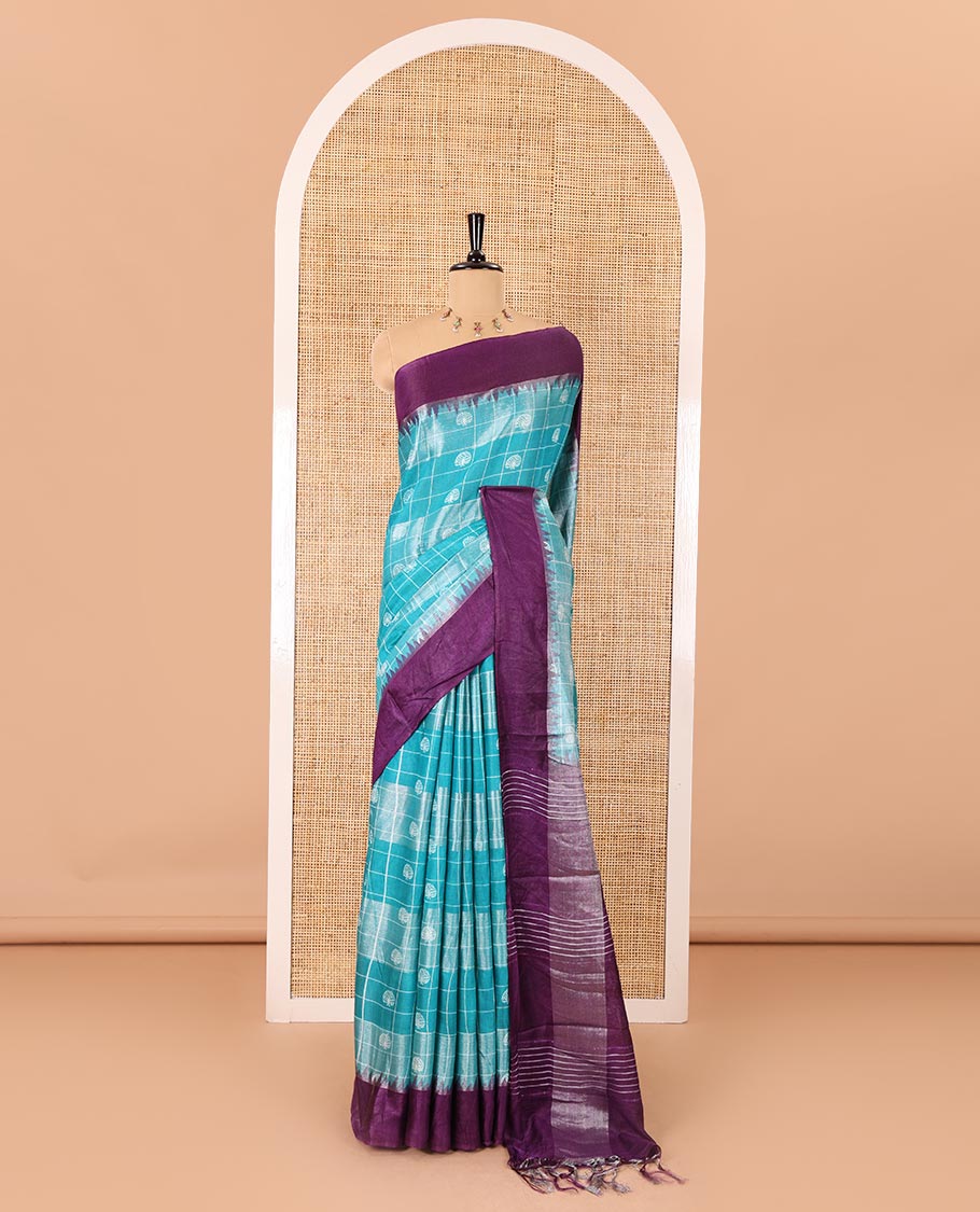 Rama buttas and checked Bhagalpur cotton saree, contrast temple border, striped pallu, and contrast silver zari blouse