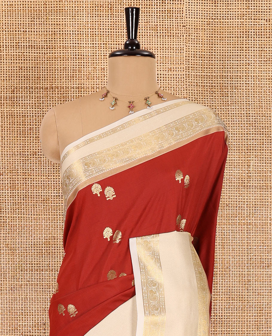 Red zari buttas soft silk saree , contrast peacock and mango zari weaving border , contrast weaving rich pallu and contrast Blouse