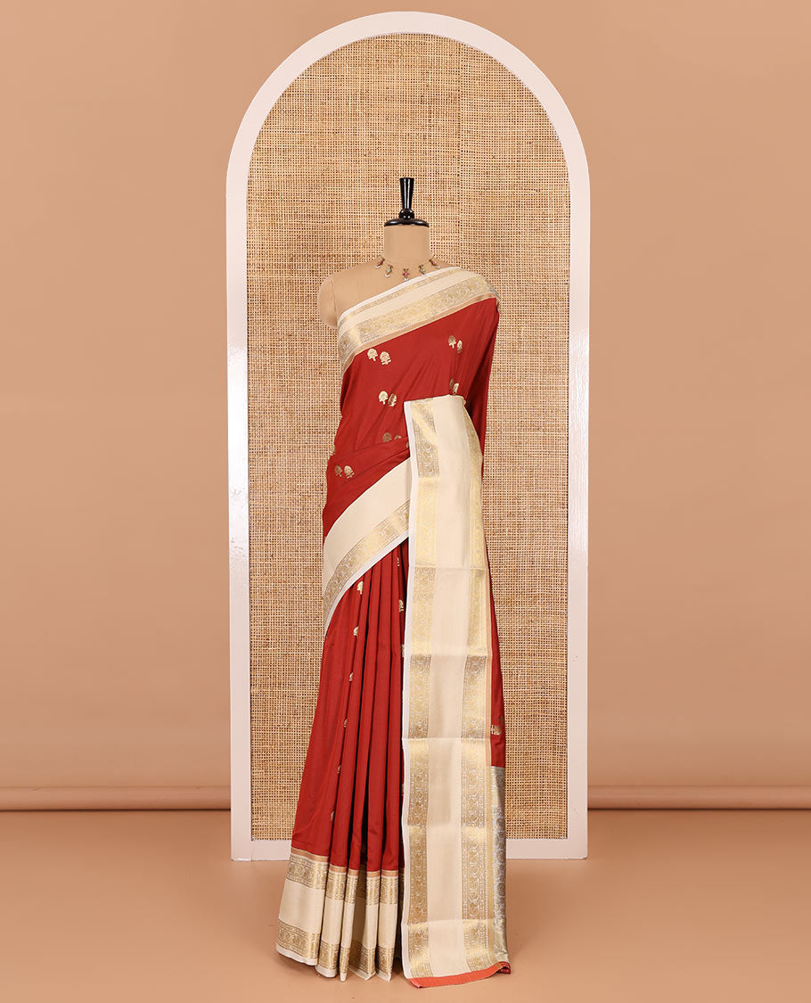 Red zari buttas soft silk saree , contrast peacock and mango zari weaving border , contrast weaving rich pallu and contrast Blouse