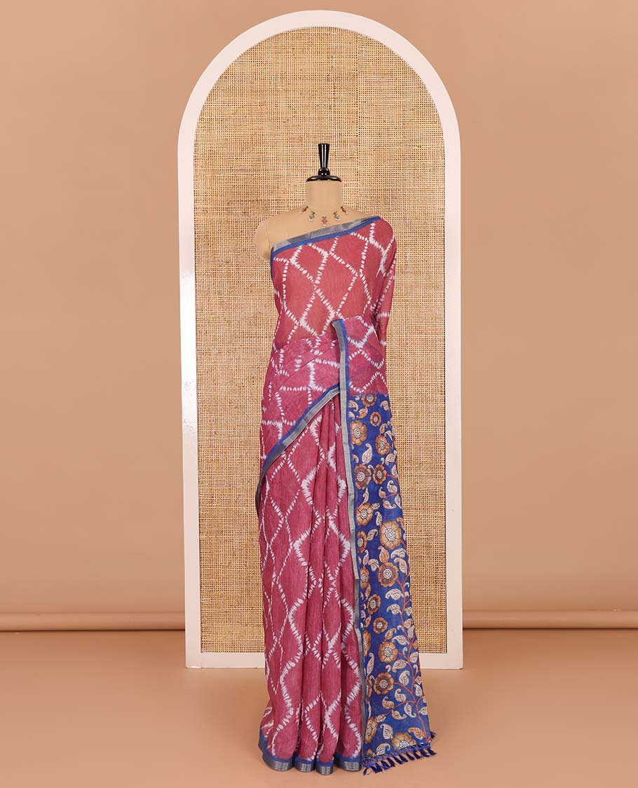 Pink argyle shibori printed linen cotton saree, contrast border, kalamkari floral vine printed pallu, and a contrast kalamkari printed blouse