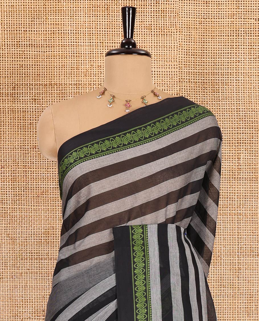 Grey and green stripes and plain Mangalagiri cotton saree, contrast plain border, striped pallu, and a contrast horizontal striped blouse