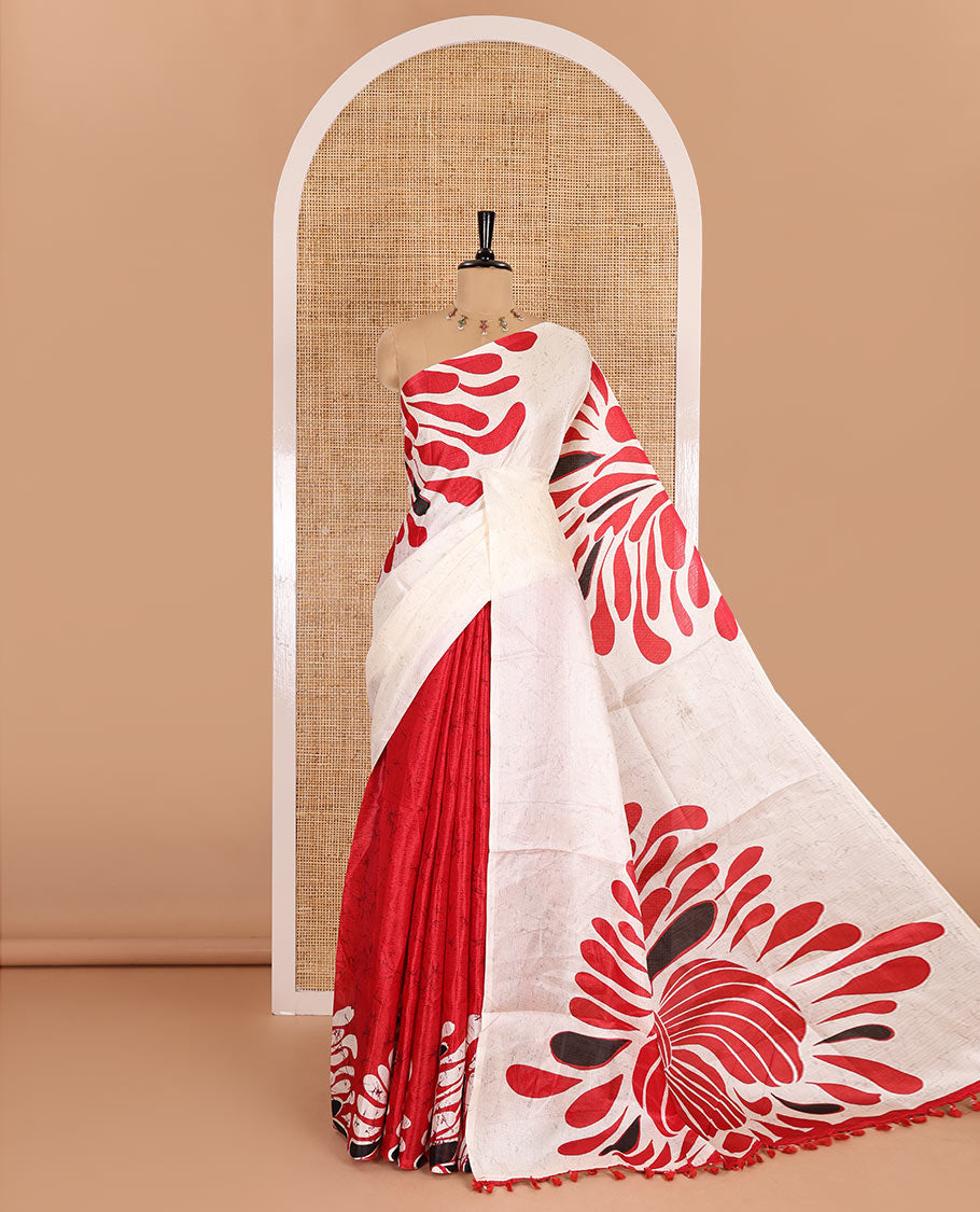 Borderless red fancy motifs batik-printed art khadi silk saree, contrast printed pallu, and a printed blouse