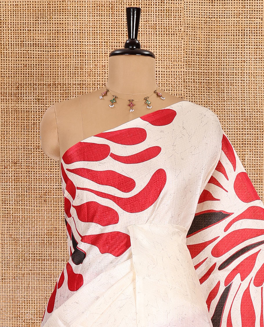 Borderless red fancy motifs batik-printed art khadi silk saree, contrast printed pallu, and a printed blouse