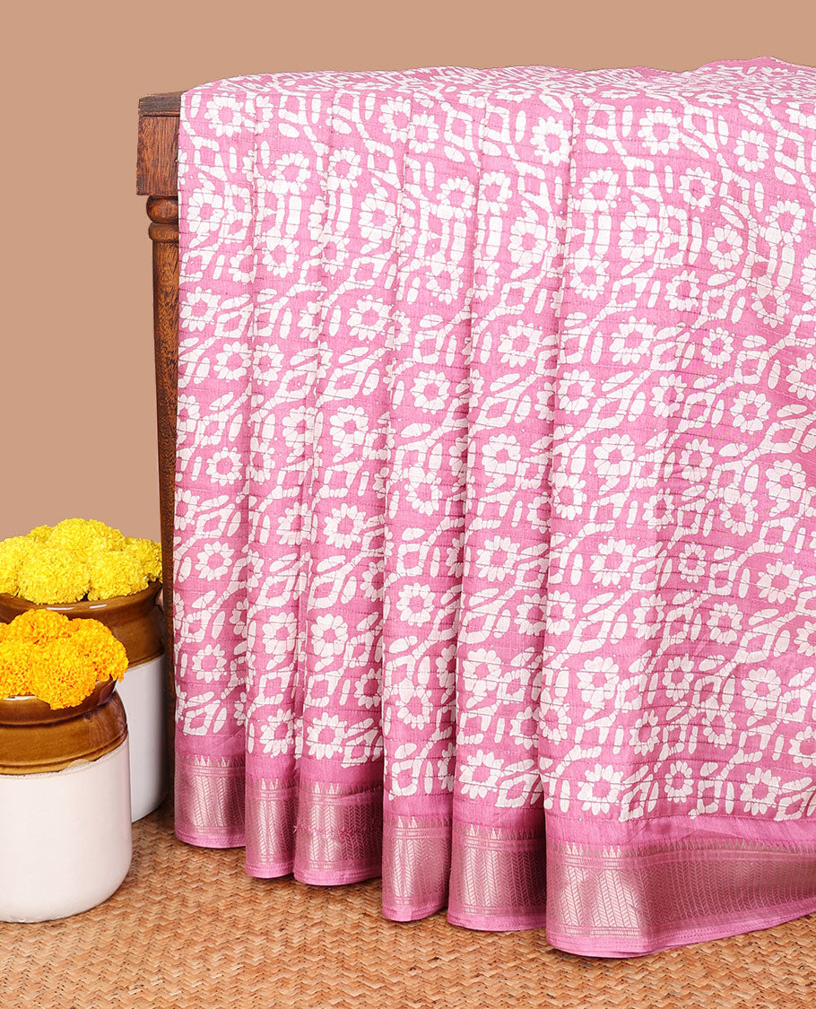 Light pink Batik print, sequins embroidery dola silk saree with gold zari jacquard border & pathick printed, sequins pallu along with pathick printed blouse