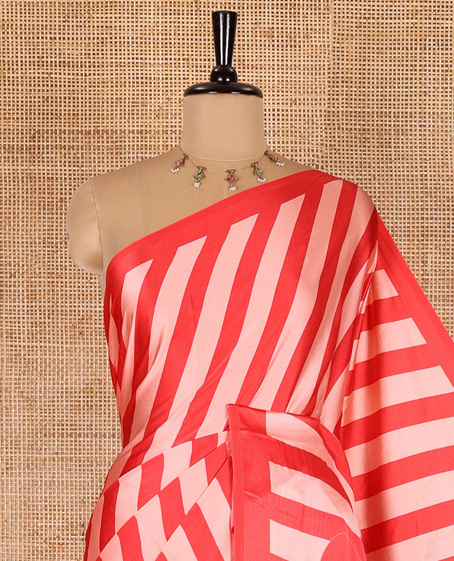 Redish pink striped valentine's day special satin crepe saree, plain border, Heart motifs printed pallu, and a heart motifs printed blouse