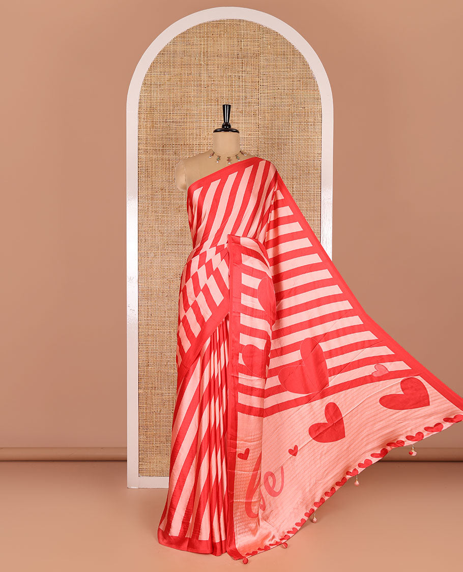 Redish pink striped valentine's day special satin crepe saree, plain border, Heart motifs printed pallu, and a heart motifs printed blouse
