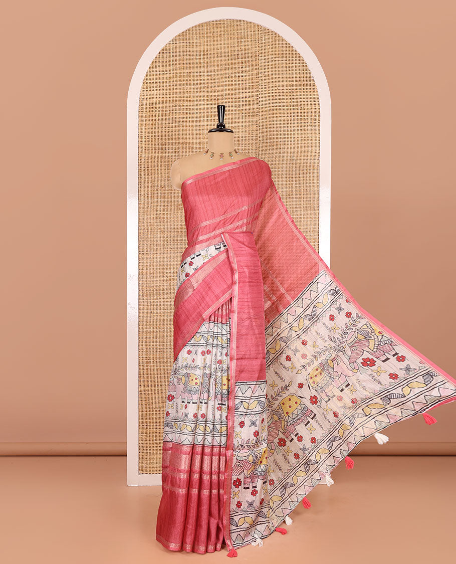 Pink Madhubani elephant motifs printed moss crush saree, double-sided zari border, Madhubani village printed pallu, and a floral buttas printed blouse