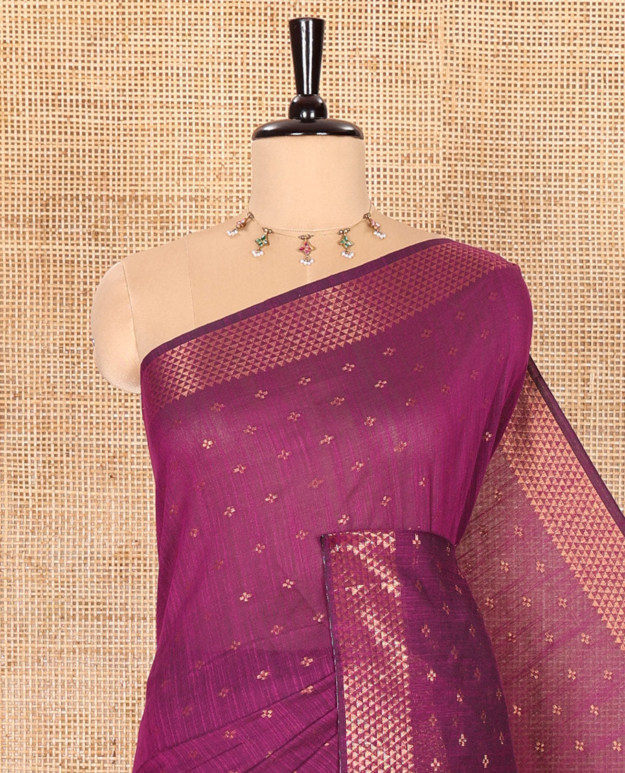 Violet Khadi Mul Cotton Saree Beautified with Plus-Shaped Zari Buttas Across Its Body, Featuring a Subtle Zari Border Adorned with Triangle Motifs, a Tissue Pallu, and Complemented by a Running Blouse