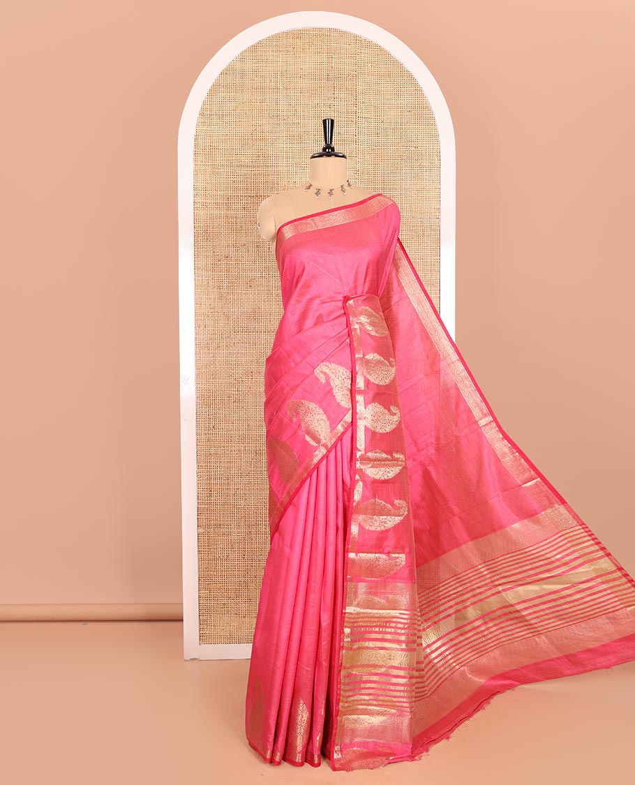 Rani Pink Plain Semi-Tussar Saree Artfully Detailed with a Self Border Featuring Floral and Paisley Zari Weave, Adorned with a Zari-Striped Pallu, Paired with a Matching Zari-Woven Blouse