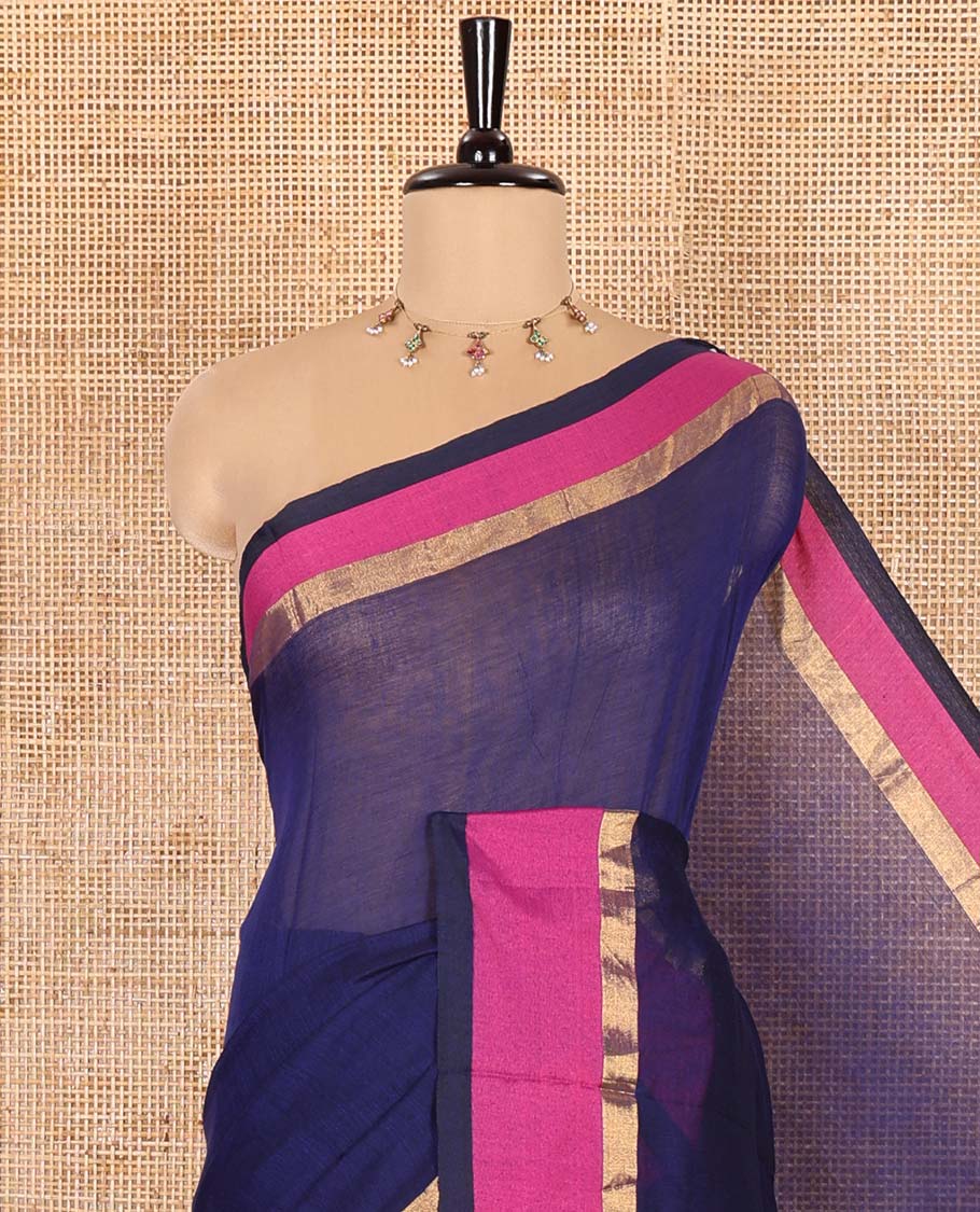 Blue Plain Khadi Mul Cotton Saree, Complemented by Contrast Zari Striped Border, Plain Pallu, and Paired with a Matching Blouse