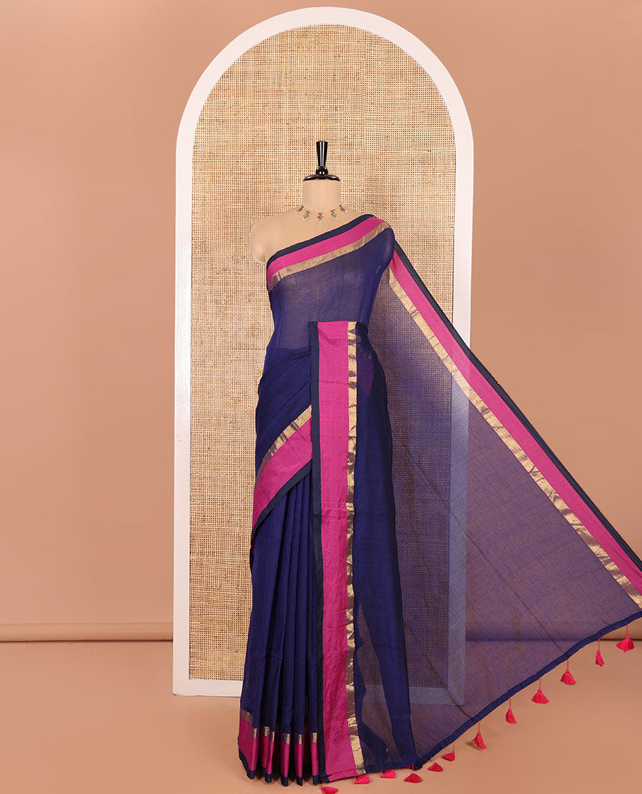 Blue Plain Khadi Mul Cotton Saree, Complemented by Contrast Zari Striped Border, Plain Pallu, and Paired with a Matching Blouse