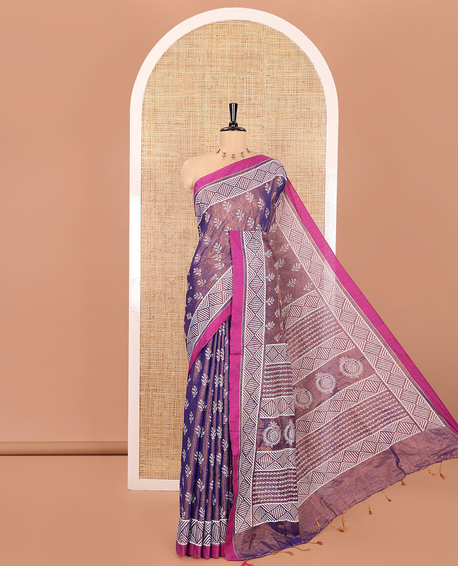 Royal Blue Khadi Tissue Saree, Adorned with Leaf Buttas All Over Its Body, Highlighted by Geometric Patterned Border, Pallu Depicts Geometric Prints, and Paired with a Matching Blouse