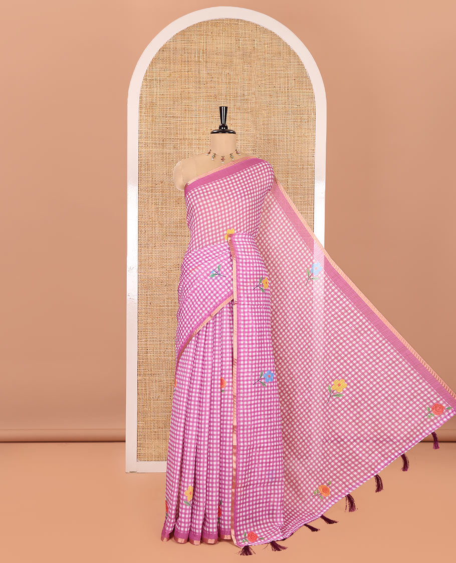 Pink Linen Cotton Saree, Beautiful Decked Up with Checks and Floral Motifs Printed All Over Its Body, Subtle Piping Border, Pallu Mirrors the Same Design, and Paired with a Printed Blouse
