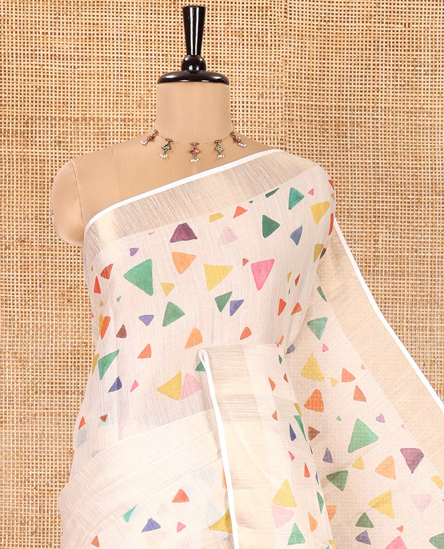 Gold Tissue Saree, Highlighted with Colorful Triangle Motifs Printed on Its Body, Highlighted by a Zari Border, Pallu Steeped with Triangle Motifs Print, and Paired with a Contrast Blouse