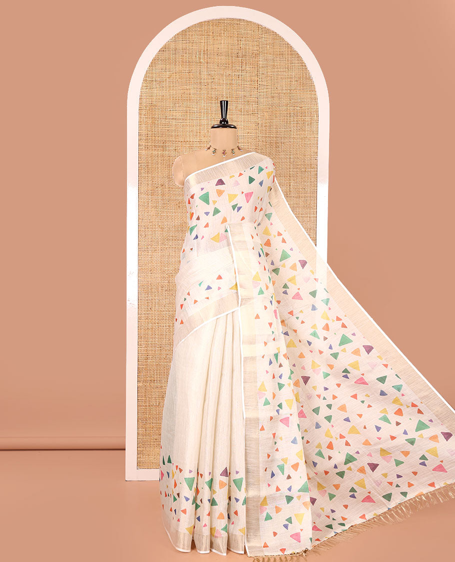Gold Tissue Saree, Highlighted with Colorful Triangle Motifs Printed on Its Body, Highlighted by a Zari Border, Pallu Steeped with Triangle Motifs Print, and Paired with a Contrast Blouse