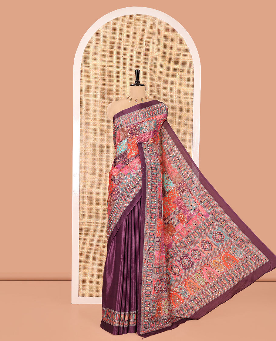 Purple Masakali Saree, Majestically Detailed with Kaleidoscopic-Colored Floral and Mughal-Themed Motifs Printed Mirror Work All Over Its Body, Printed Border, Intricately Printed Mirror Work Pallu, and Paired with a Matching Blouse