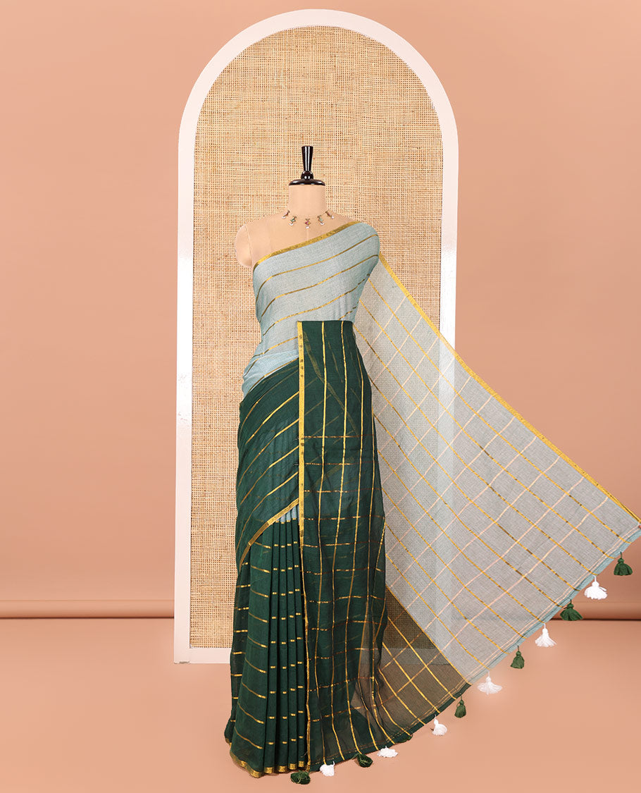 Light Green and Dark Green Khadi Mul Cotton Saree, Adorned with Horizontal Zari Stripes on Its Body, Zari Piping Border, Subtly Striped Pallu, and Paired with a Contrast Blouse