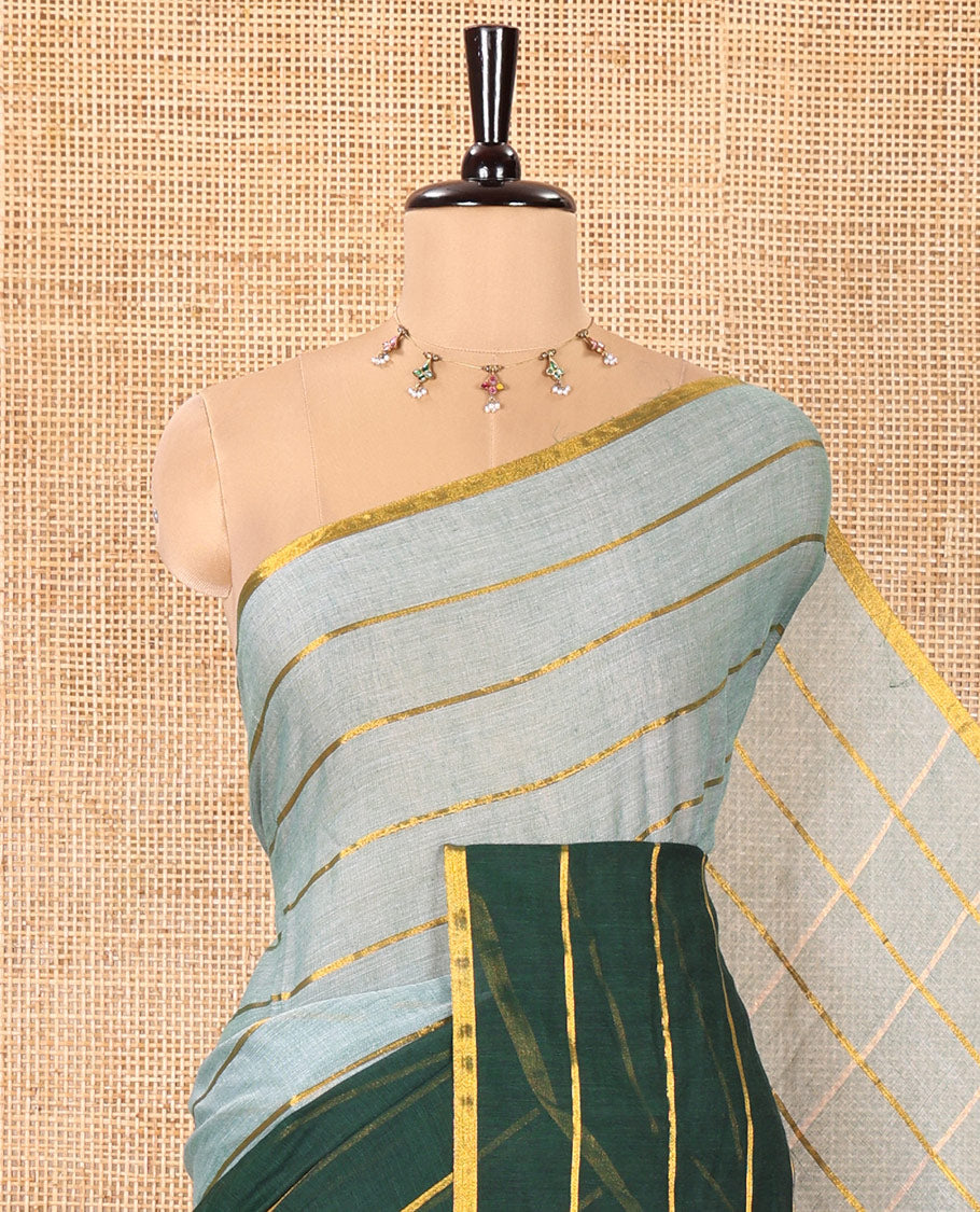 Light Green and Dark Green Khadi Mul Cotton Saree, Adorned with Horizontal Zari Stripes on Its Body, Zari Piping Border, Subtly Striped Pallu, and Paired with a Contrast Blouse