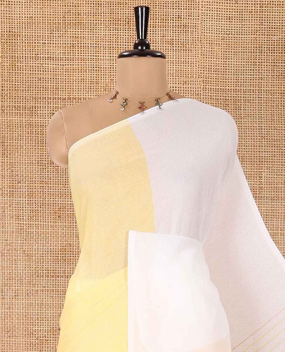Borderless White and Pastel Yellow Plain Khadi Mul Cotton Saree, Self-Pallu Steeped with Stripes, and Paired with a Plain Blouse