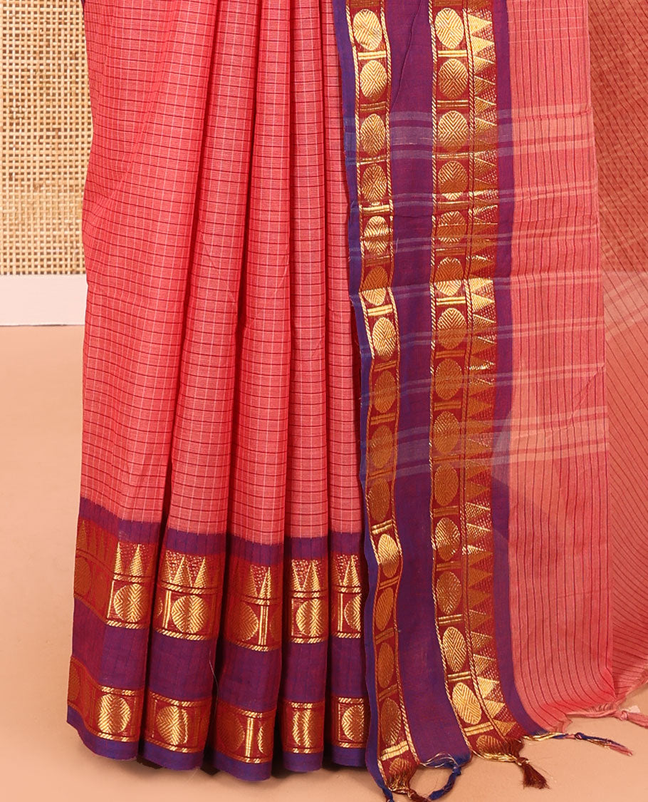 Pink Chettinad Cotton Saree, Accentuated with Micro-Checks on Its Body, Complemented by a Contrast Temple Traditional Zari Design Rettai Pettu Border, Subtly Striped Pallu, and Paired with a Matching Blouse
