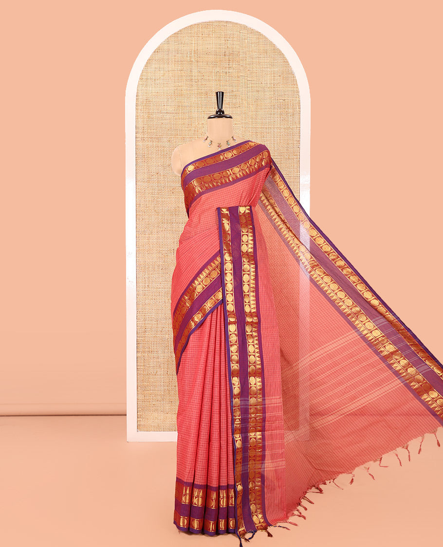 Pink Chettinad Cotton Saree, Accentuated with Micro-Checks on Its Body, Complemented by a Contrast Temple Traditional Zari Design Rettai Pettu Border, Subtly Striped Pallu, and Paired with a Matching Blouse
