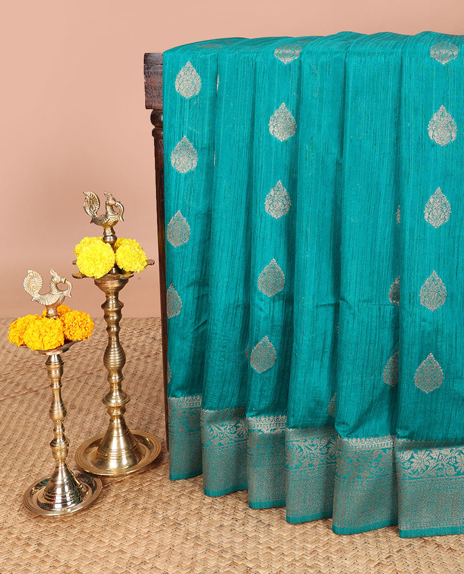 Blue banaras style butta linen saree with zari border & contrast pallu along with contrast blouse