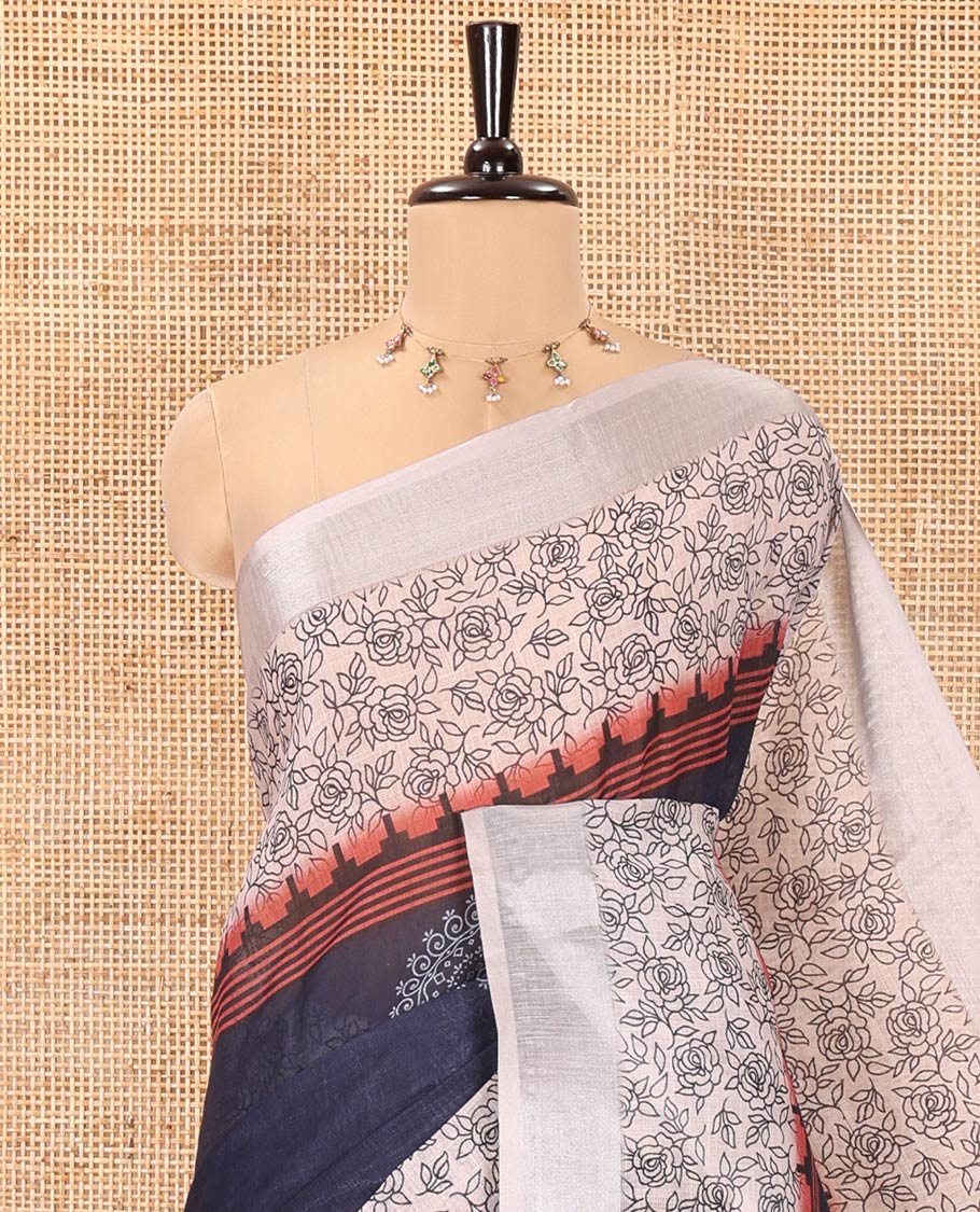 Blue Linen Cotton Saree, Beautified with Rangoli Motifs Printed On Its Body, Complemented by Contrast Floral Printed Border, Pallu of Butta Enclosed Checks, and Paired with a Contrast Blouse