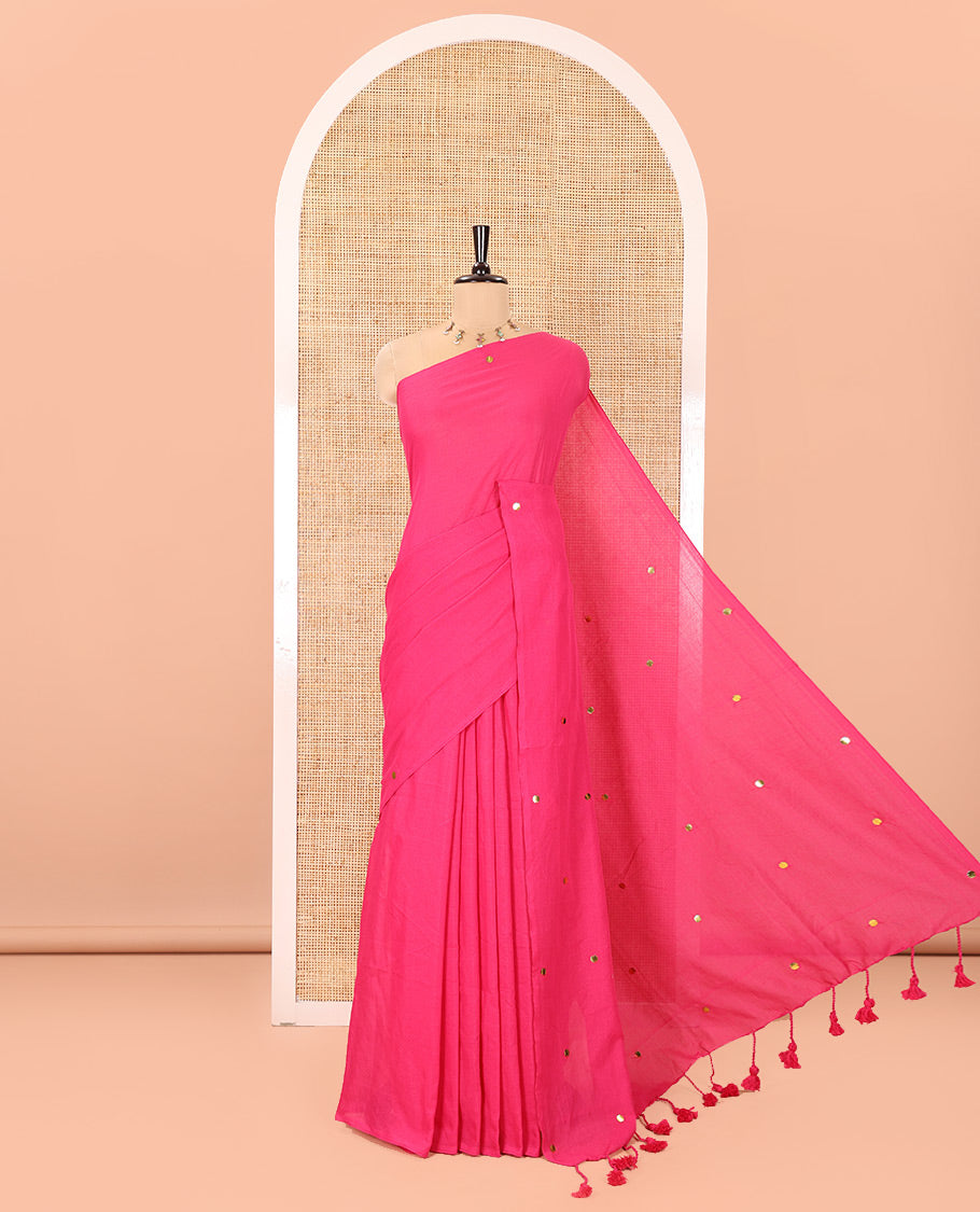 Borderless Rani Pink Mul Cotton Saree, Subtly Sparkled With Big Sequins Work On Its Body, a Self-Pallu and Paired with a Matching Blouse