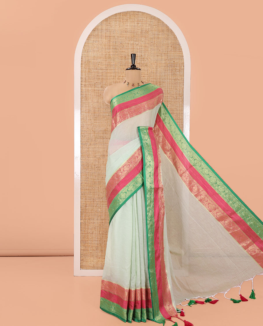 Green Plain Khadi Mul Cotton Saree, Complemented by a Contrast Rettai Pettu Traditional Diamond-Patterned Border, Plain Pallu, and Paired with a Matching Blouse