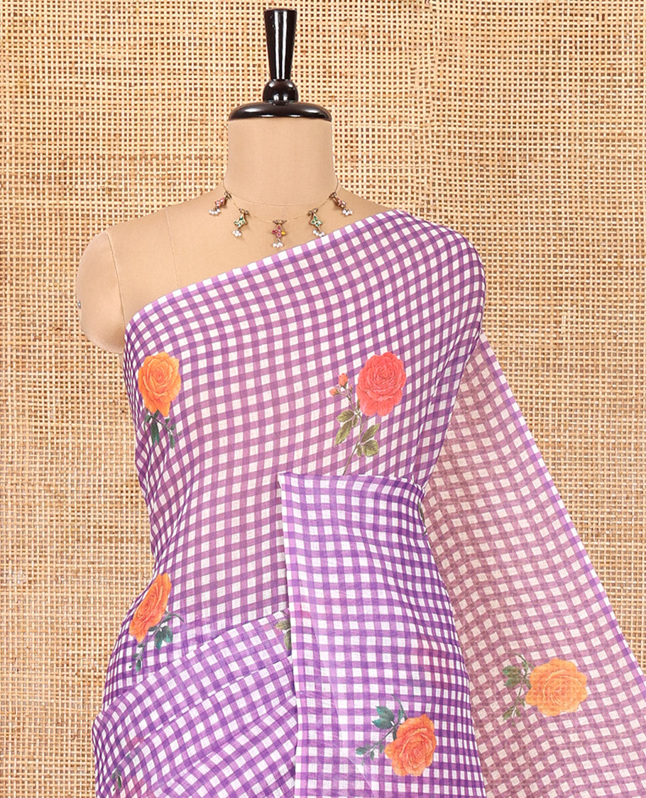 Borderless Violet Linen Cotton Saree, Adorned with Checked Design and Rose Motifs on Its Body, a Self-Pallu, and Paired with a Contrast Blouse