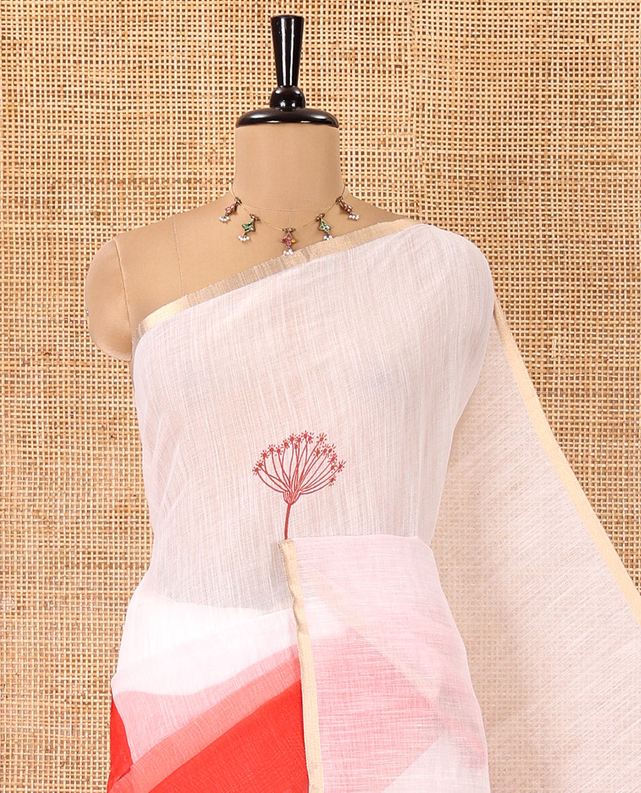 White-Red Linen Cotton Saree Features Floral Print, Ombre-Style Dual-Color, a Piping Border, and a Contrast Blouse