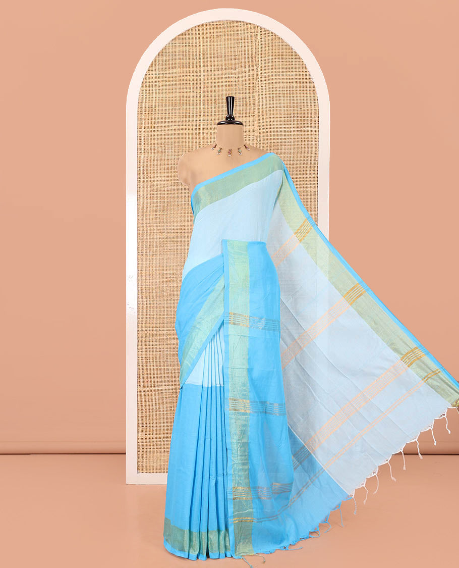 Blue Khadi Mul Cotton Saree, Adorned with Half-And-Half-Style Double-Colour Dyed on Its Body, a Subtle Zari Border, Striped Pallu, and Paired with a Matching Blouse
