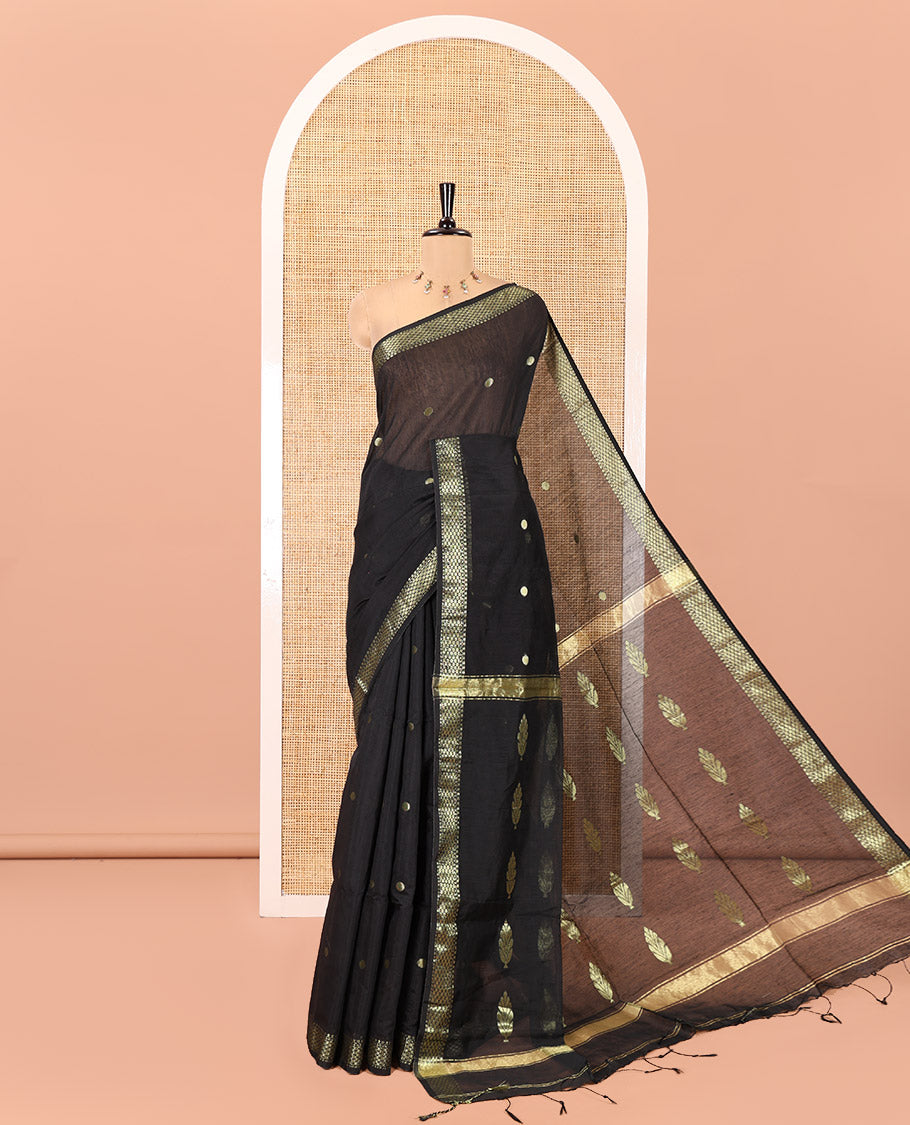 Black Maheshwari Cotton Saree, Flower Buttas All Over Its Body, Highlighted by Zari Border, Pallu of Contrast Floral Buttas, and a Contrast Blouse