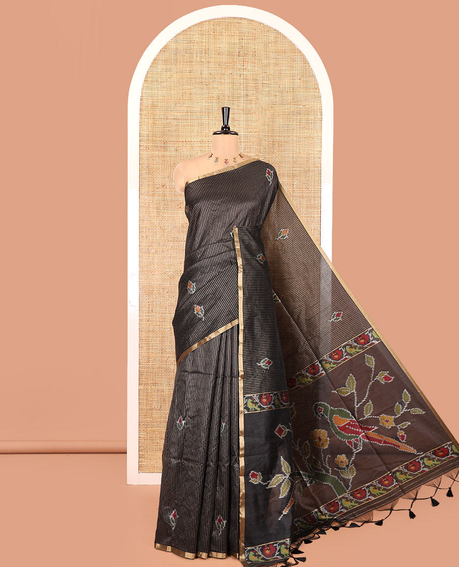 Black Art Tussar Saree, Bedecked with Dotted-Kantha-Style Stripes and Ikkat Buttas on Its Body, a Subtle Piping Border, Pallu of Ikkat Floral and Macaw Parrot Designs, and Paired with a Matching Blouse