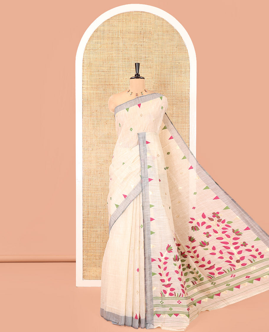 Off-White Jute Cotton Saree, Adorned with Diamond Meena Buttas All Over Its Body, Complemented by a Contrast Border, Pallu of Jamdhani-Style Floral Designs, and Paired with a Contrast Blouse