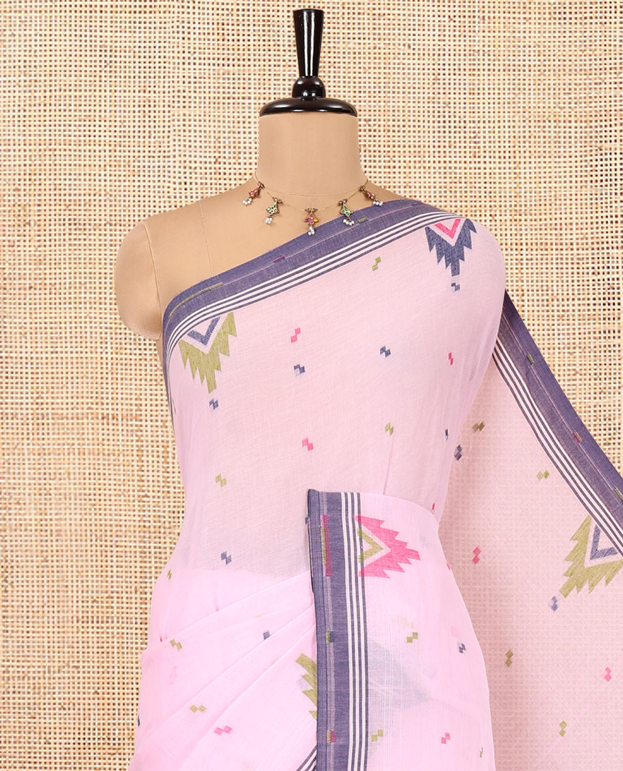 Pink Khadi Mul Cotton Saree, Subtly Adorned with Meena Buttas All Over Its Body, Complemented by a Contrast Temple Border, Pallu of Jhamdani-Style Floral-Bird Weaving, and Paired with a Matching Blouse