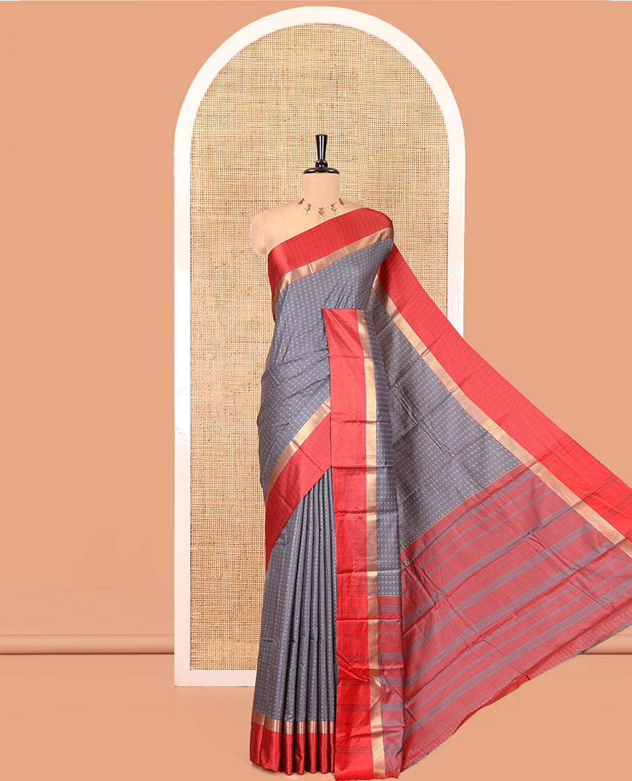 Grey Art Soft Silk Saree, Steeped with Plus-Size Buttas All Over Its Body, Complemented by a Contrast Border, Subtly Striped Pallu, and Paired with a Contrast Blouse