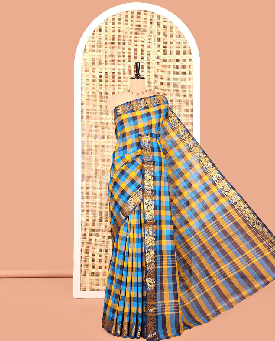 Blue-Yellow Chettinad Cotton Saree, Elevated with Madras Checks, a Zari Floral Creeper Border, and No Blouse