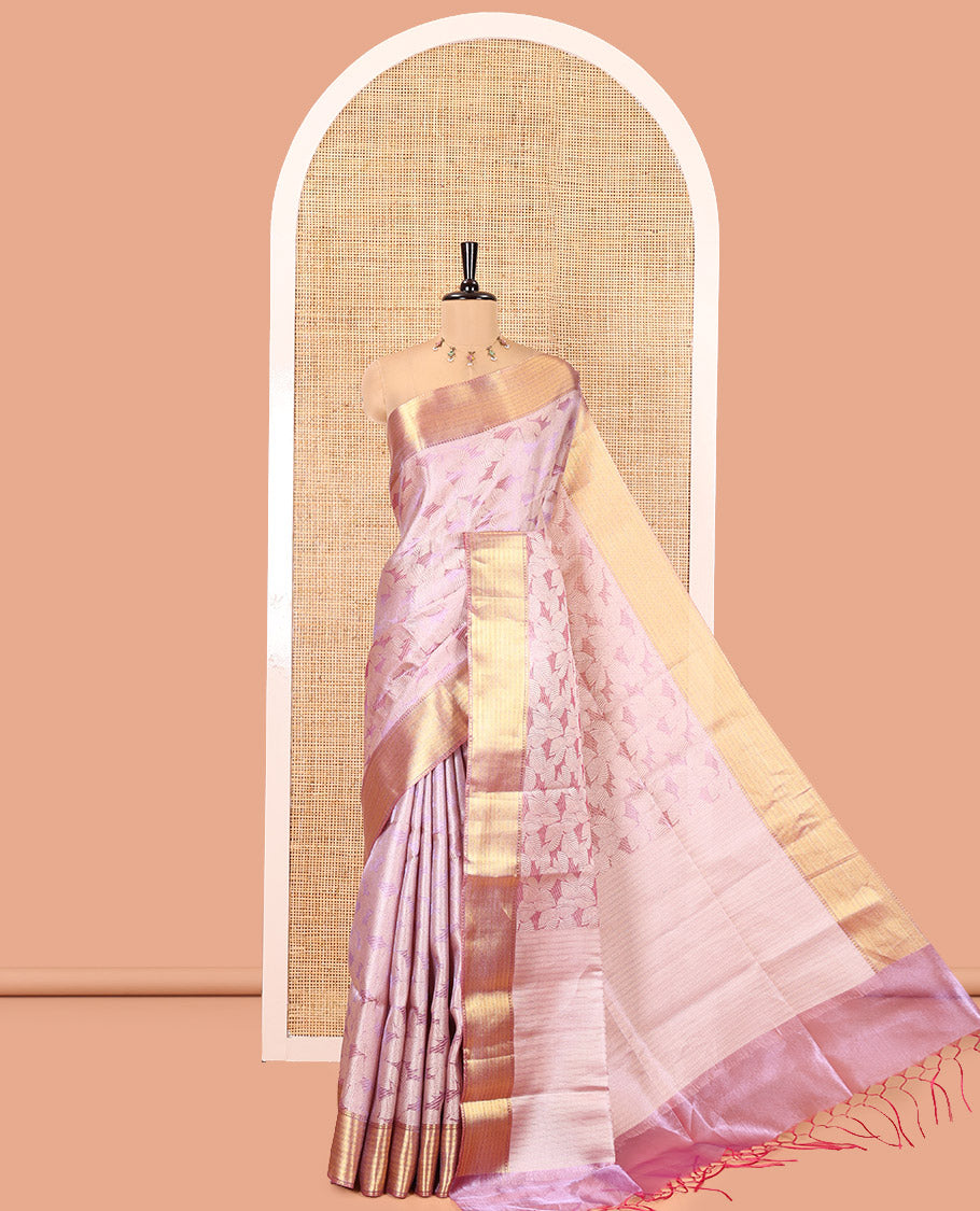 Lavender Tissue Saree, Gleamed Up with Leaf Jacquard Design, Zari Traditional Border, a Self-Pallu, and a Matching Blouse