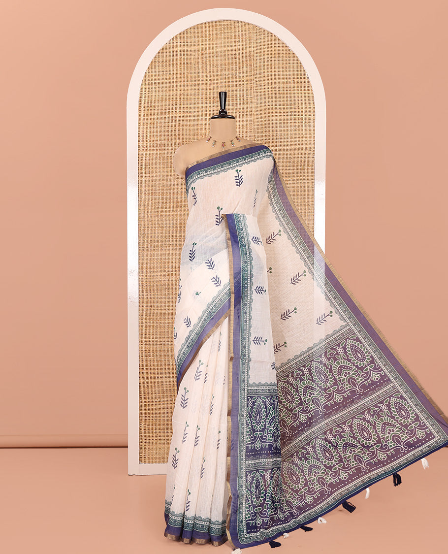 Cream-Blue Linen Cotton Saree Features Floral Buttas, Contrast Printed Border, Intricate Pallu, and a Contrast Blouse