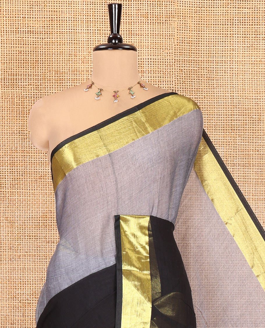 Off-White-Black Plain Khadi Mul Cotton Saree, a Bavanji Border, a Self-Pallu, and a No Blouse