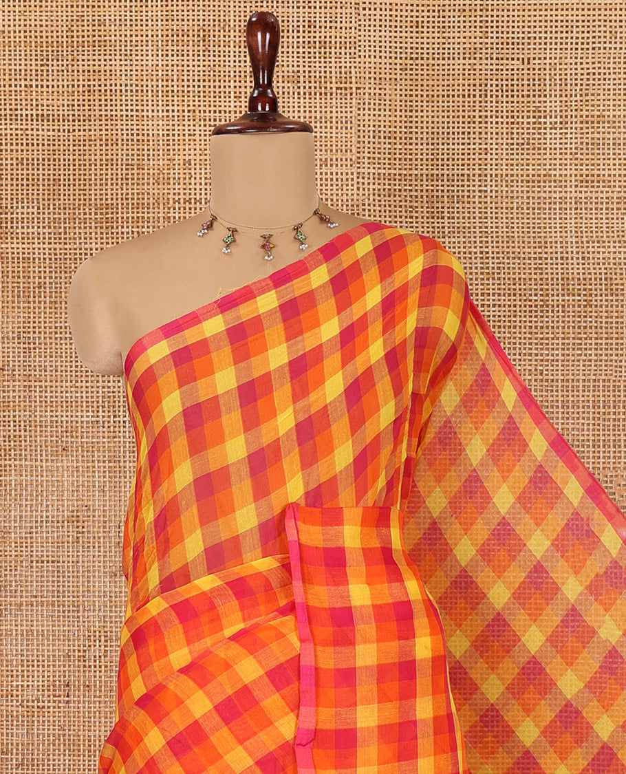 Borderless Pink-Orange Khadi Mul Cotton Saree, Adorned with Madras Checks, Comes without Blouse