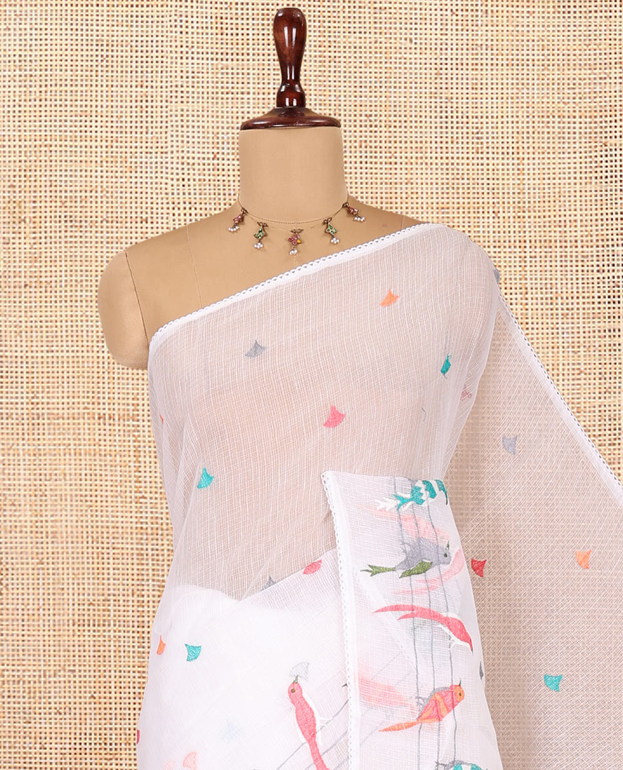 White Kota Doria Saree Features Thread-Embroidered Bird Motifs, a Lace Border, and a Matching Blouse