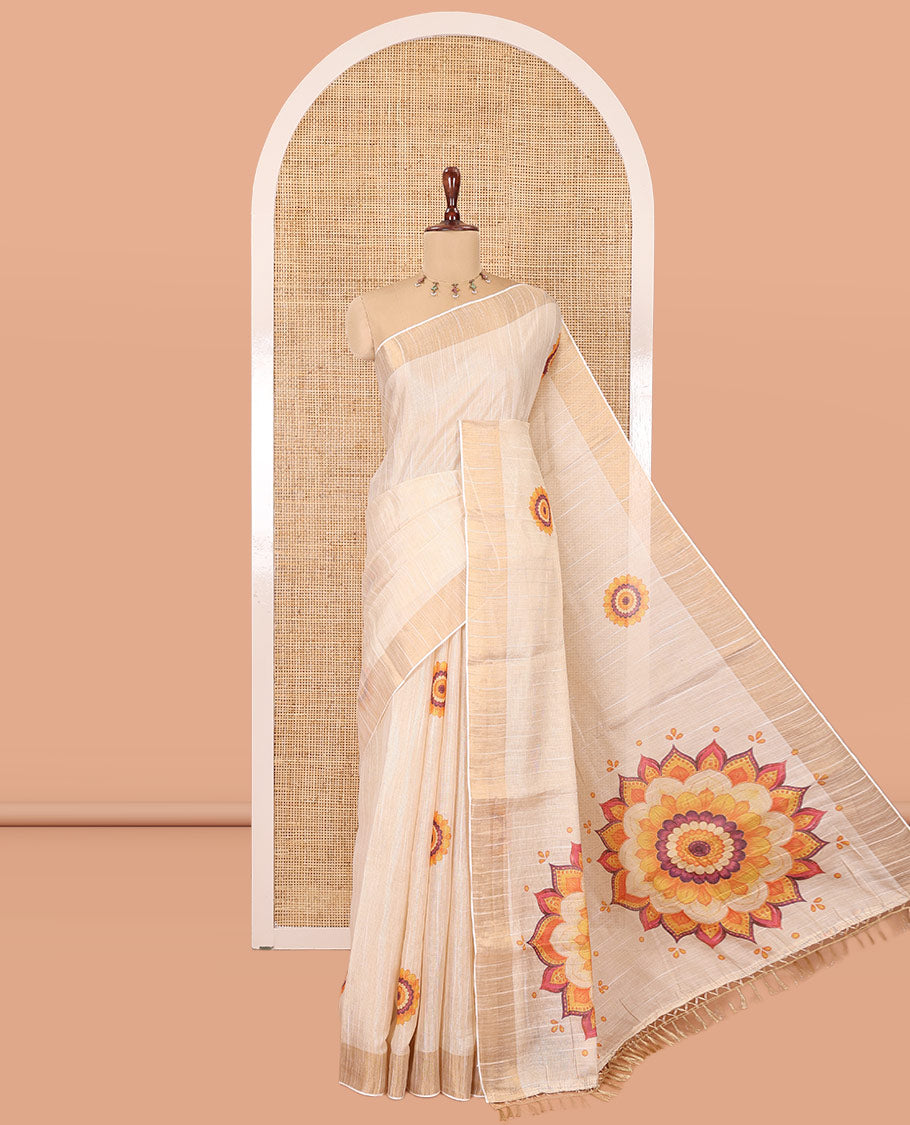 Cream Kerala Cotton Saree, Ornamented with Poo Kolam Print, a Zari Border, Poo Kolam-Printed Pallu, and a Matching Blouse
