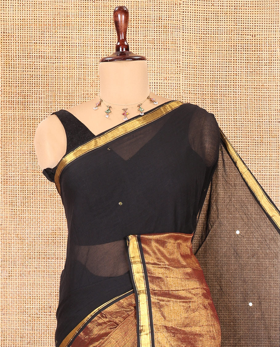 Black Khadi Mul Cotton Saree, Bedecked with Sequined Work, Complemented by a Gold Tissue Border, a Self-Pallu, and No Blouse